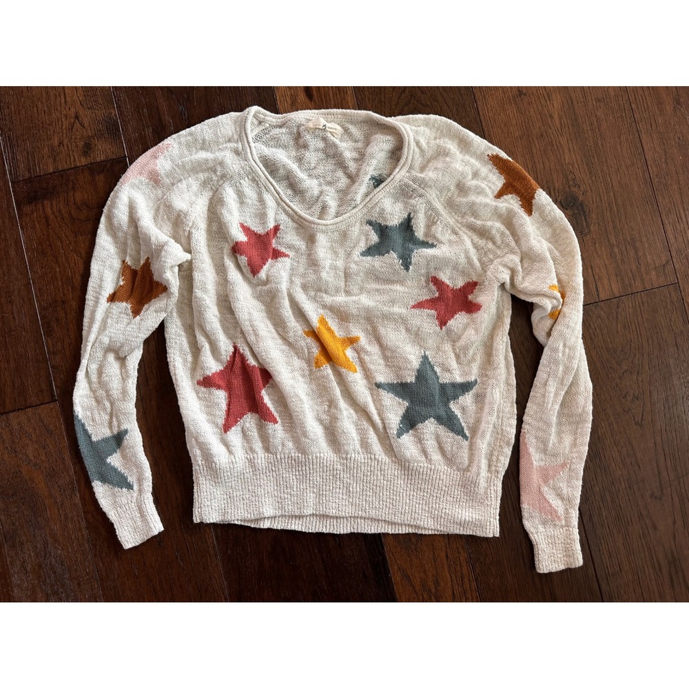 Lou & Grey Star Print Cotton Blend Knit Sweater Ivory Multi XS